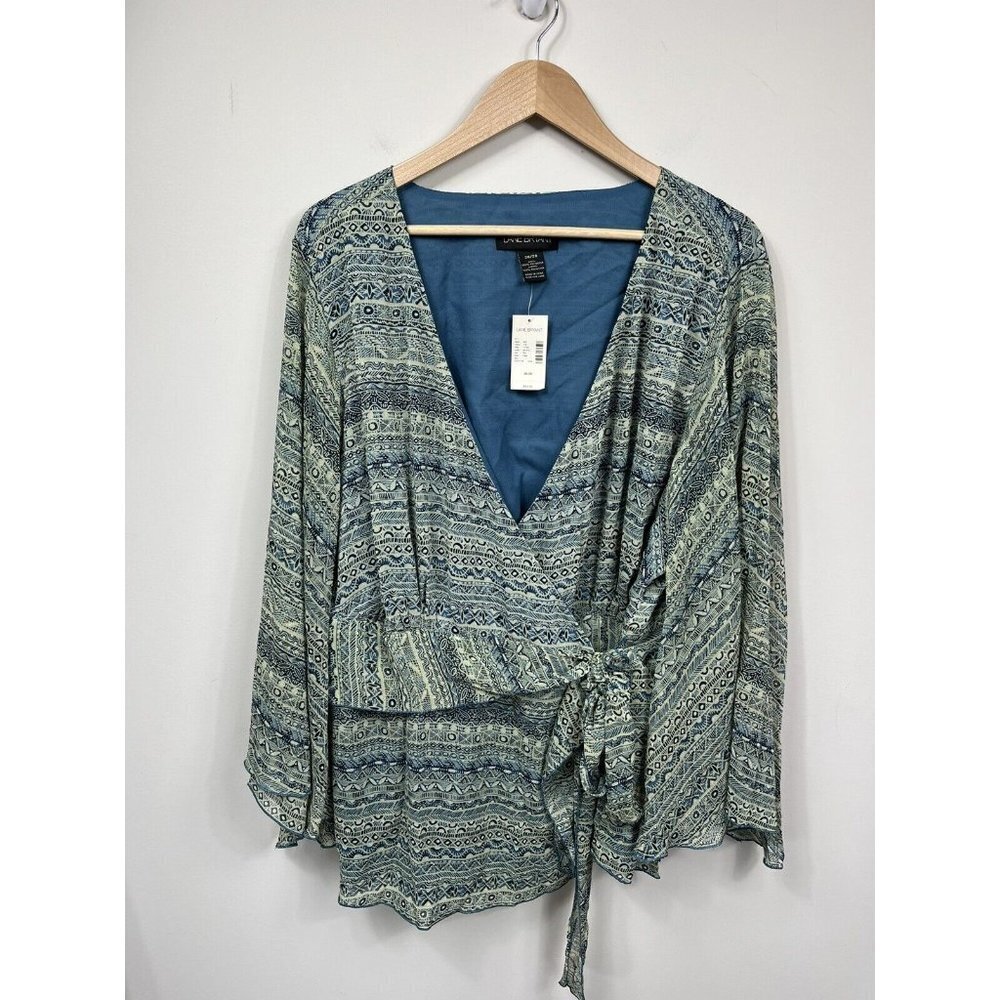 Lane Bryant Blouse Womens 26 28 Blue Cream Wrap Blouse Long Sleeve Tie